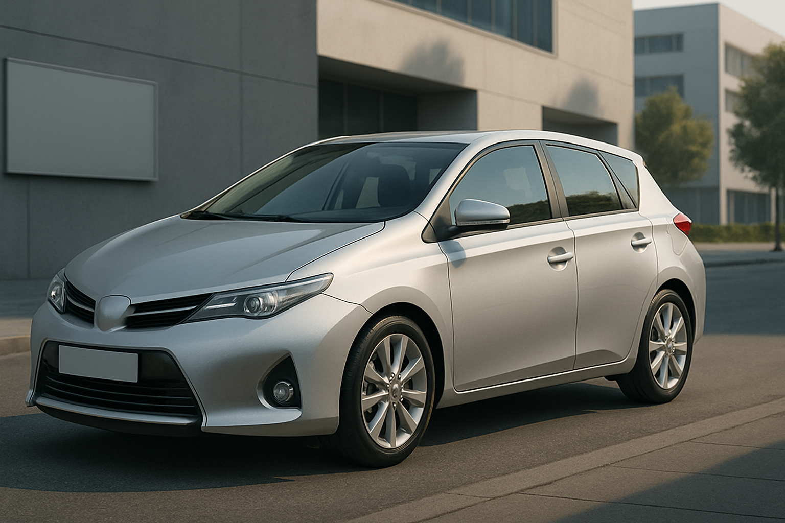 Silver hatchback car with sleek lines parked on an empty street beside modern grey buildings in soft daylight