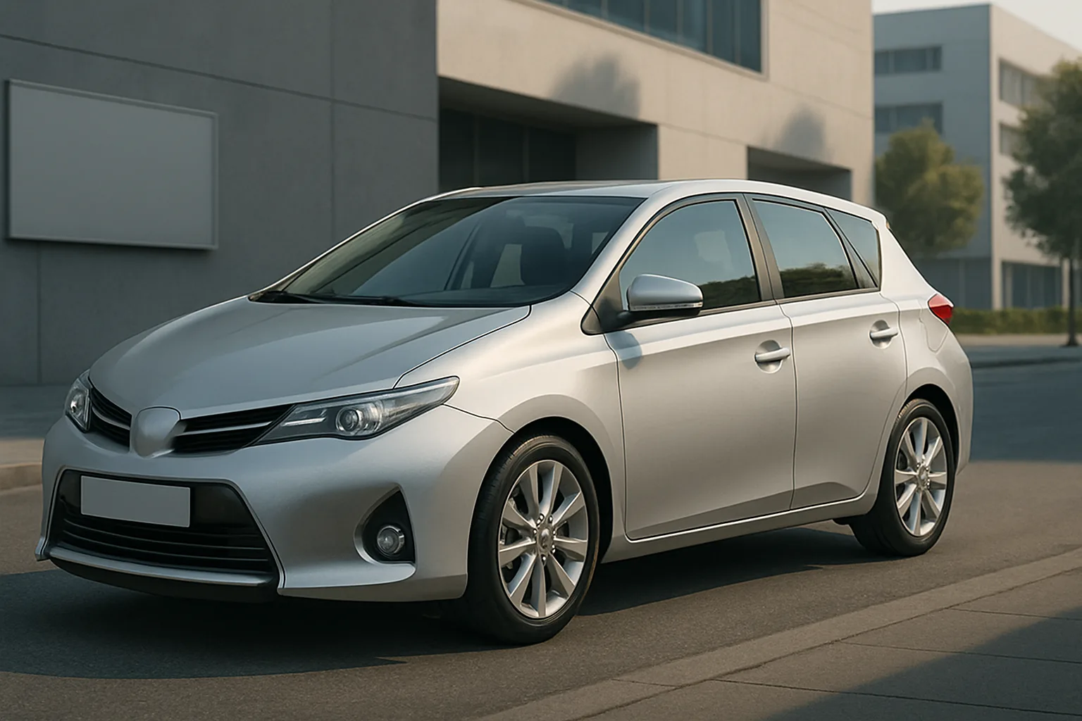 Silver hatchback car with sleek lines parked on an empty street beside modern grey buildings in soft daylight