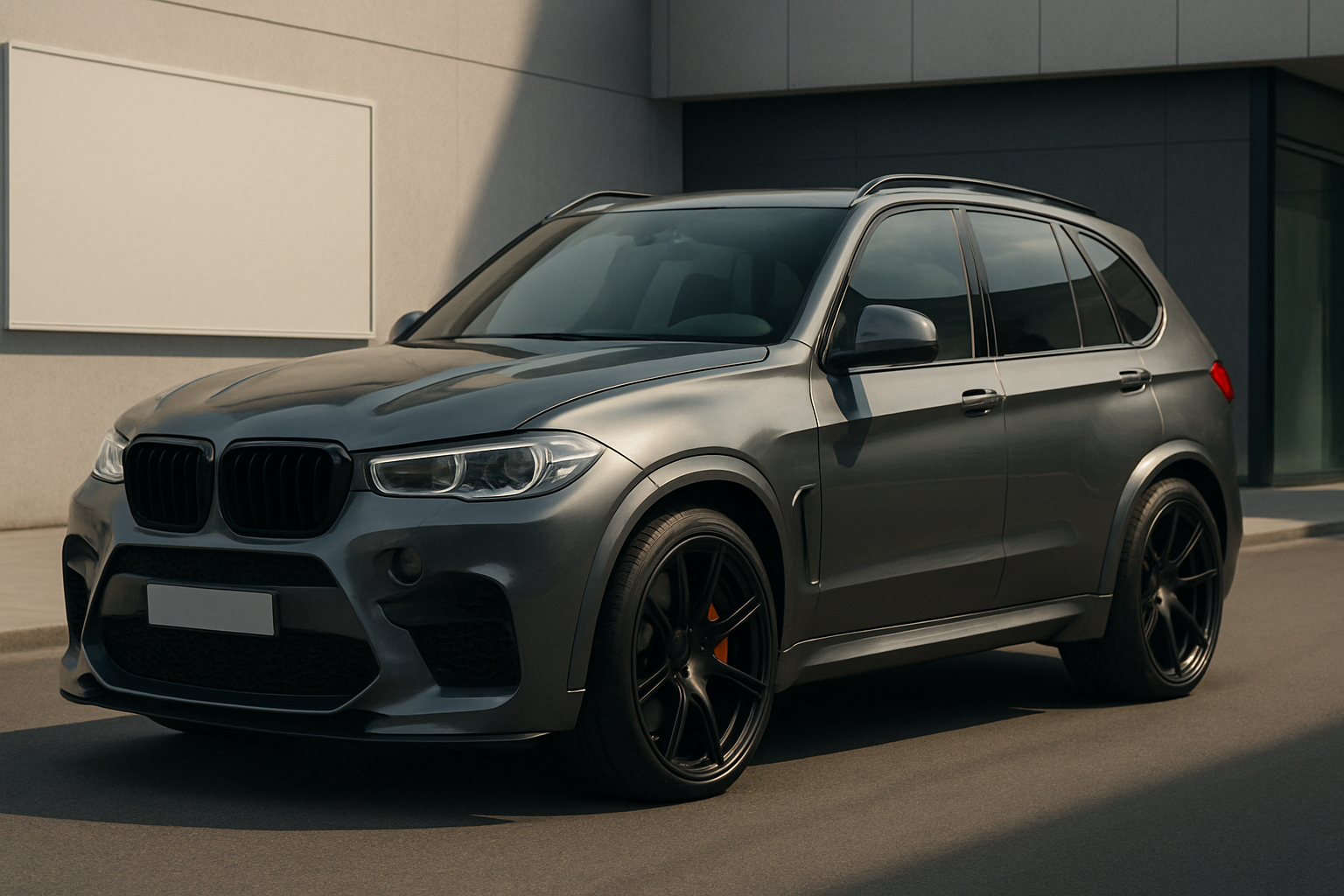 Sleek grey SUV with tinted windows and black alloy wheels parked on a smooth roadway beside a modern building
