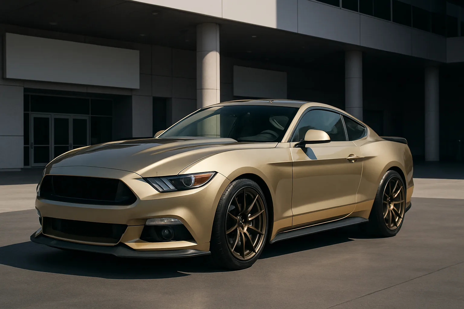 Metallic gold coupe with dark tinted windows and matte black wheels parked on smooth concrete under bright, directional sunlight