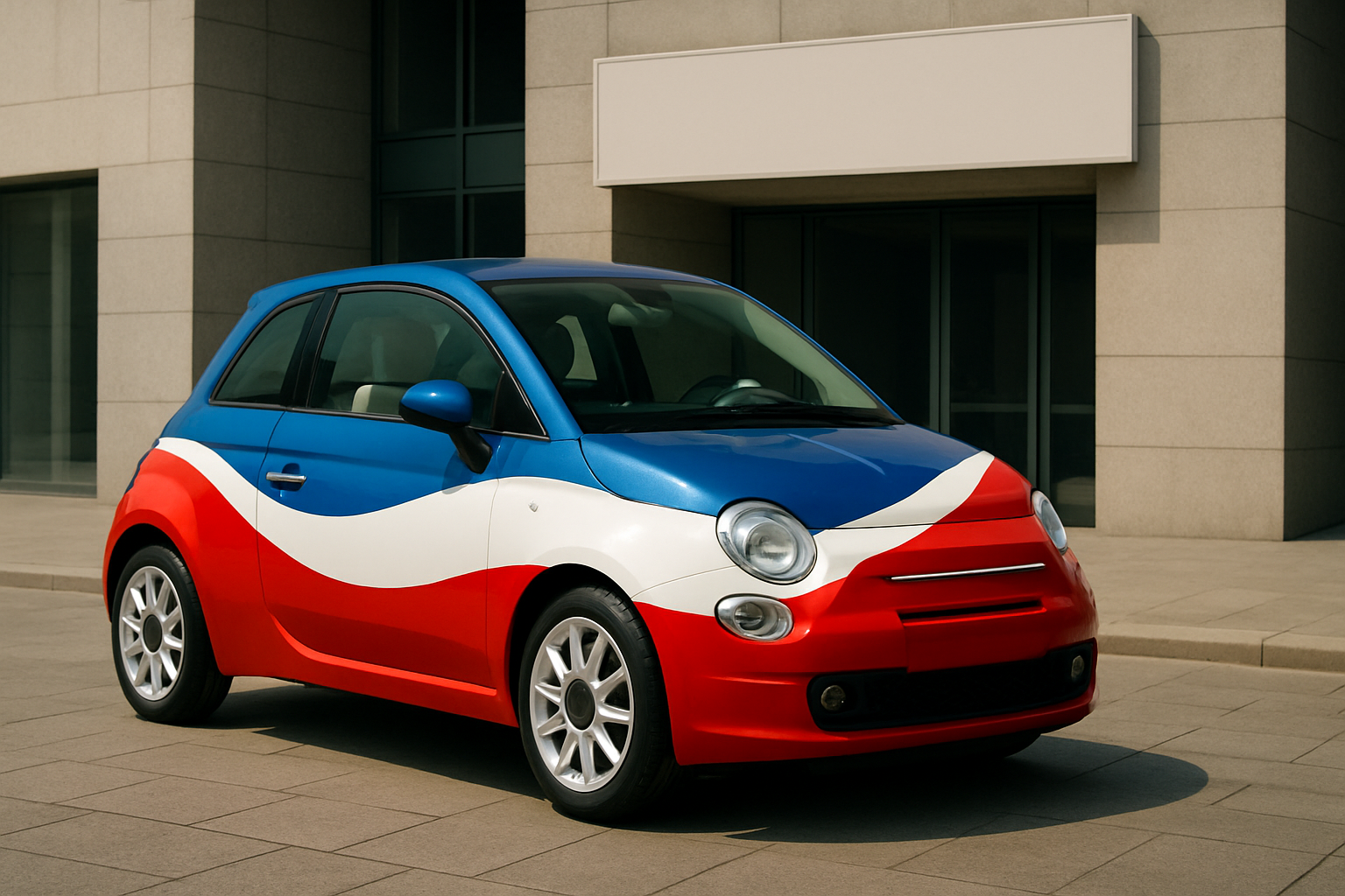 Small car with a glossy blue, white and red wavy pattern parked on pale stone outside a modern building