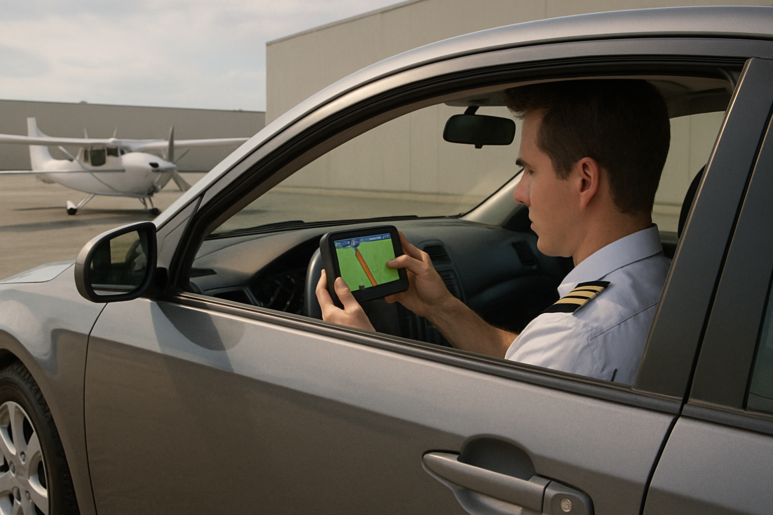 A man in a pilot uniform sits in a grey car holding a touchscreen device, with a small plane and hangar outside