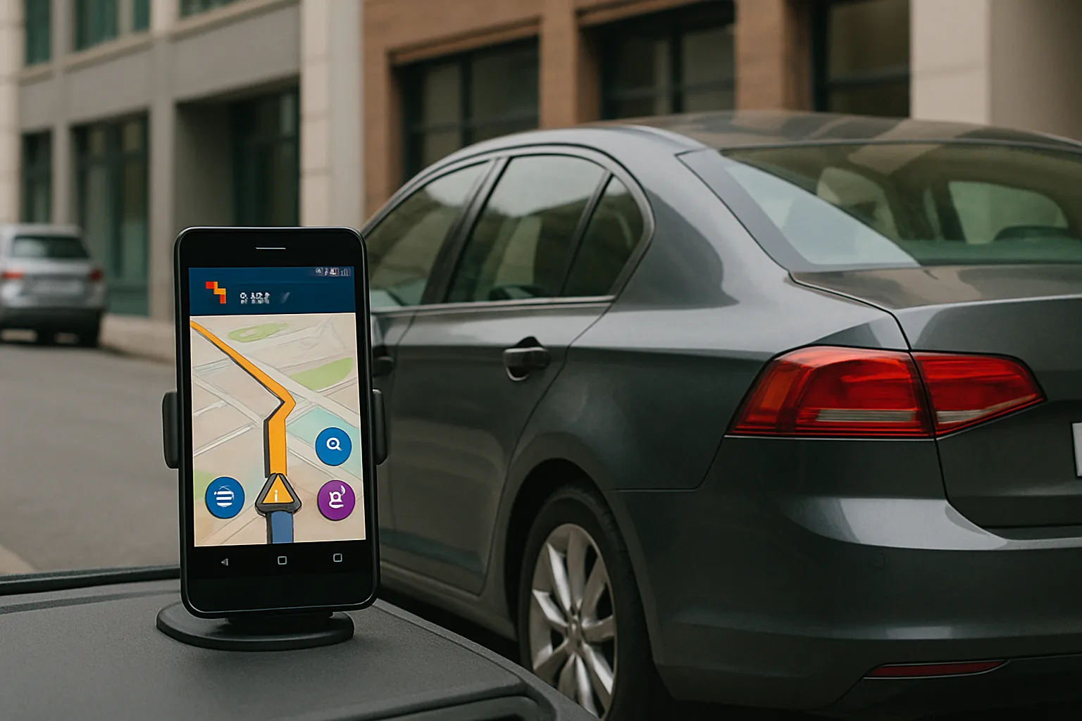Smartphone displaying a colorful navigation map in a dashboard mount next to a parked grey car on a city street