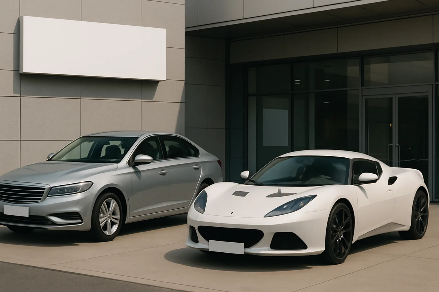 Two sleek modern cars, one silver sedan and one white sports coupe, parked outside a contemporary building in daylight