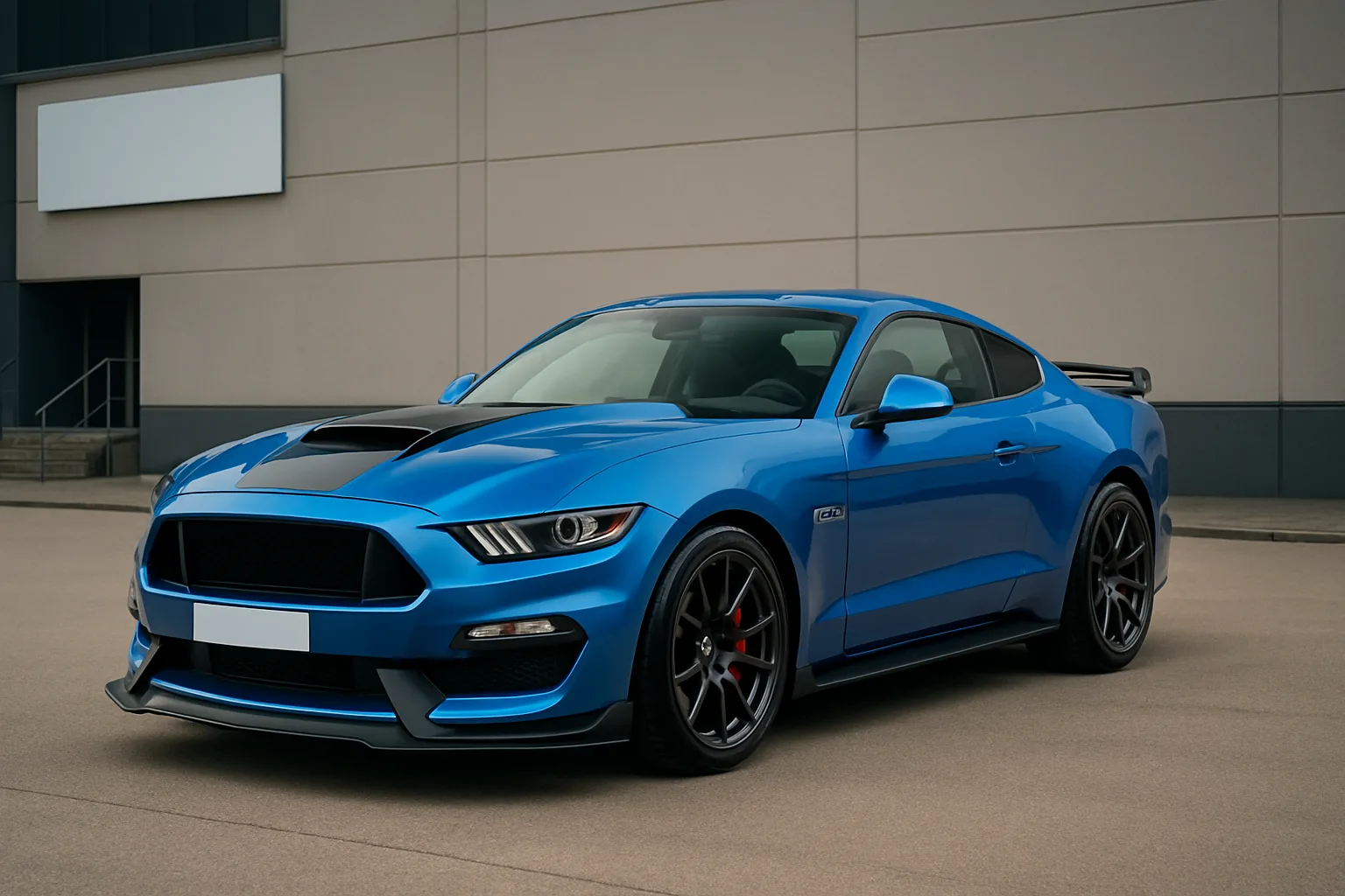 Bright blue sports coupe with black accents and hood scoop parked on an empty concrete lot by a modern industrial building