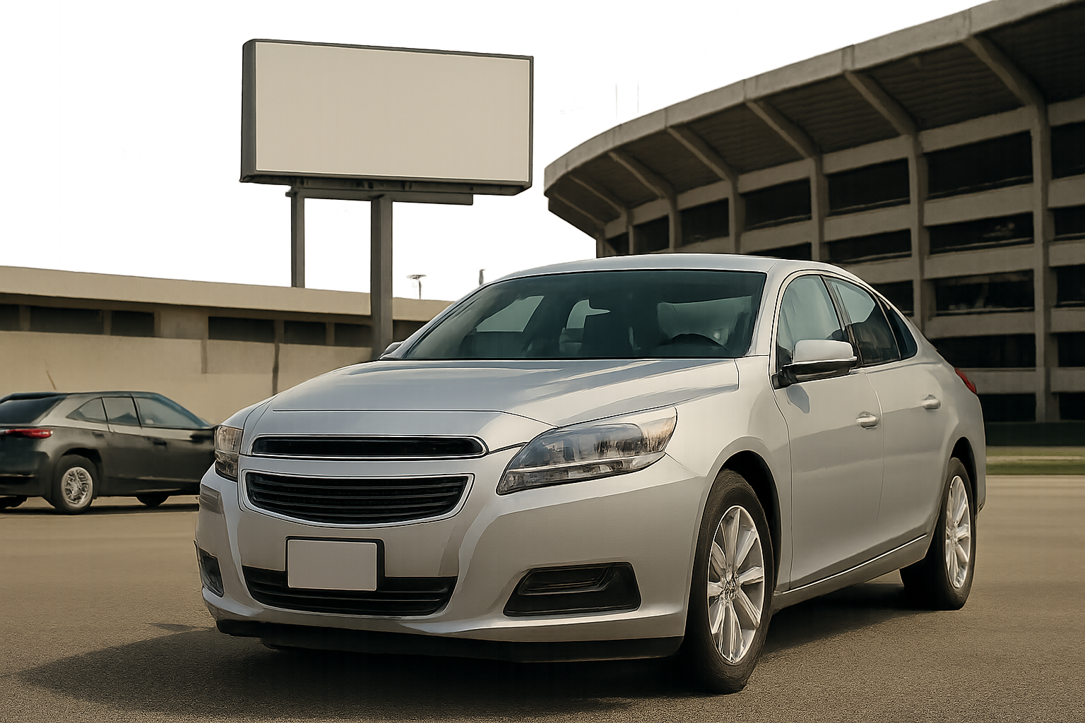 Silver sedan parked on a paved lot near a large blank billboard and modern stadium under a hazy sky