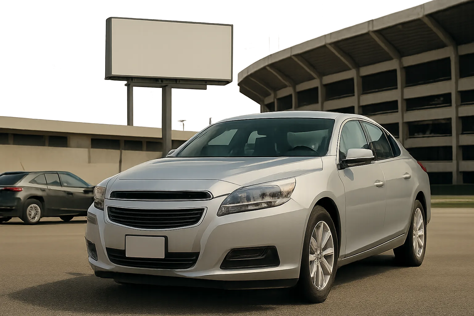 Silver sedan parked on a paved lot near a large blank billboard and modern stadium under a hazy sky