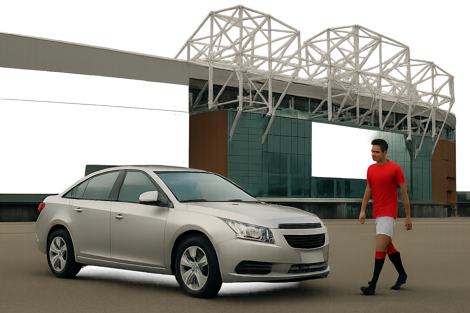 A silver sedan parked on an empty plaza near a glass building, with a man in red sportswear walking nearby