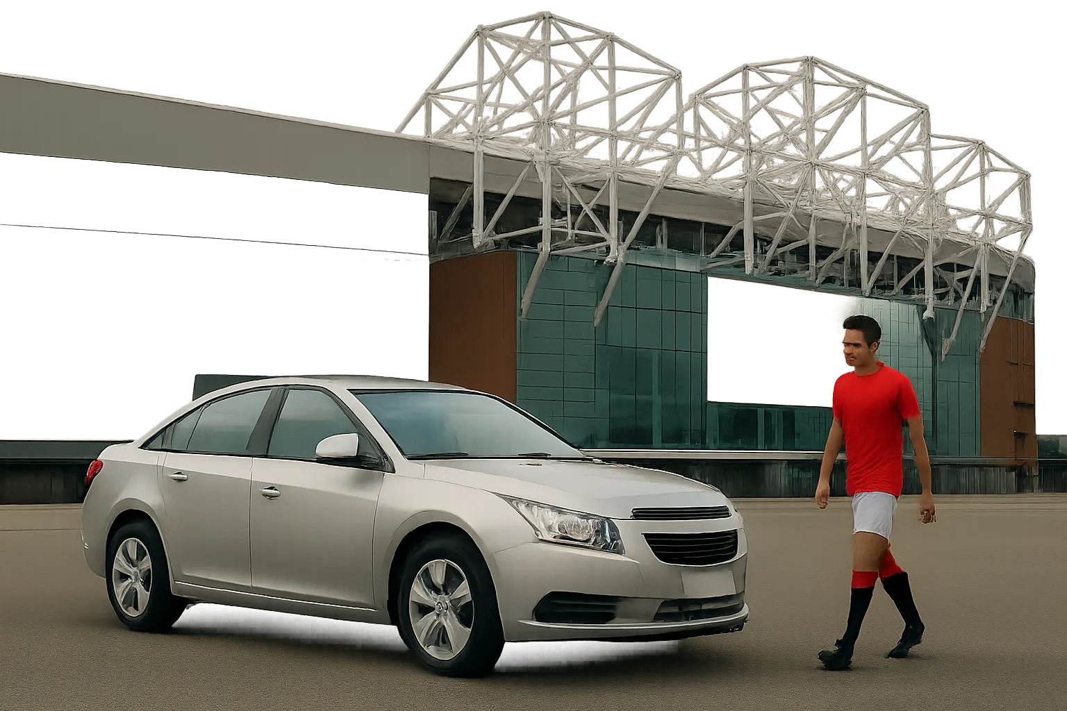 A silver sedan parked on an empty plaza near a glass building, with a man in red sportswear walking nearby