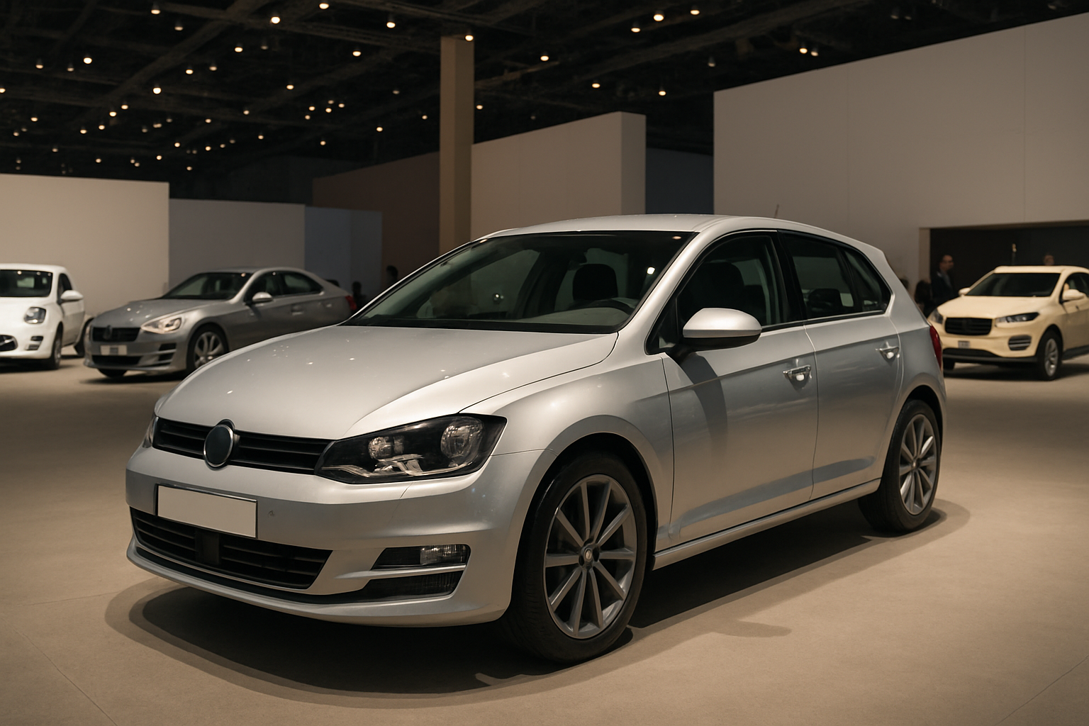 A silver hatchback car on display in a spacious, well-lit showroom with other vehicles in the background