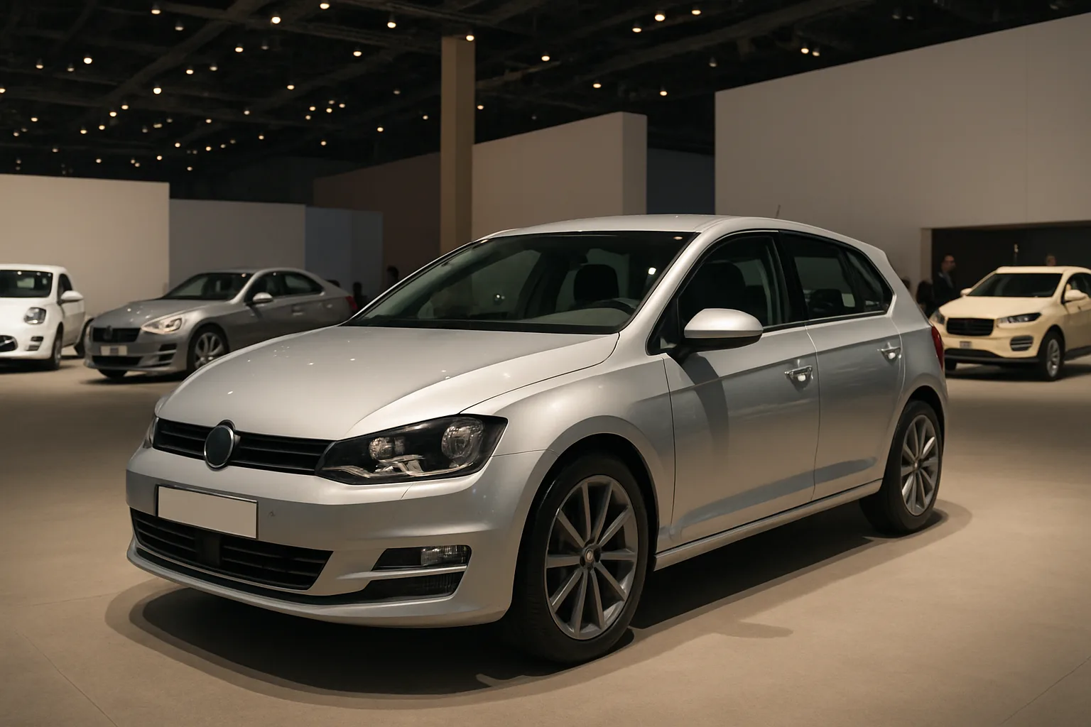 A silver hatchback car on display in a spacious, well-lit showroom with other vehicles in the background