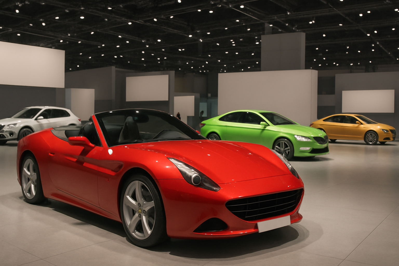 A sleek red convertible with silver wheels displayed indoors alongside green, yellow, and white cars under spotlights