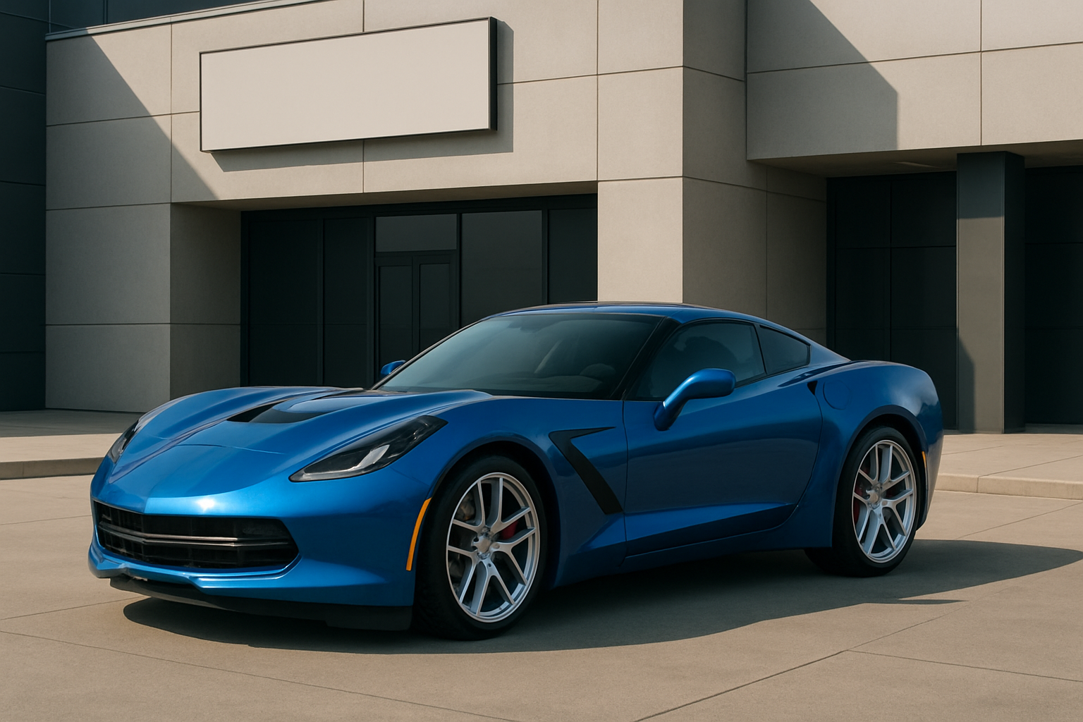 Sleek blue sports car with angular lines and silver wheels parked on a sunlit concrete plaza outside a modern building