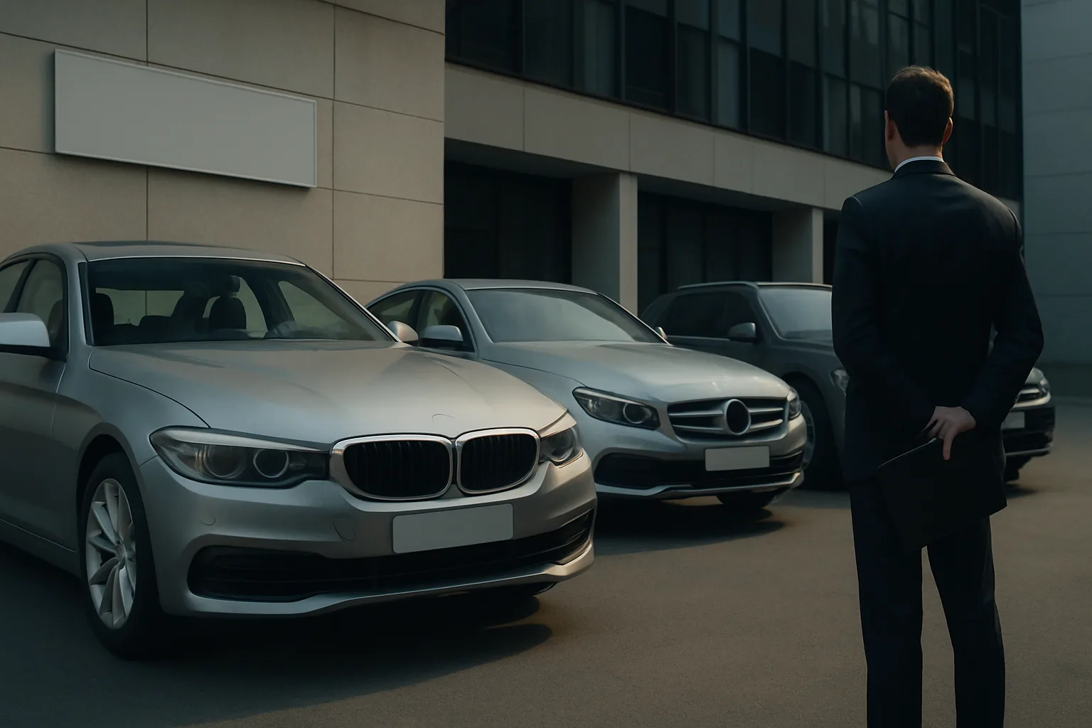 A suited man with a folder stands before three silver-gray sedans parked outside a modern, glass-walled building