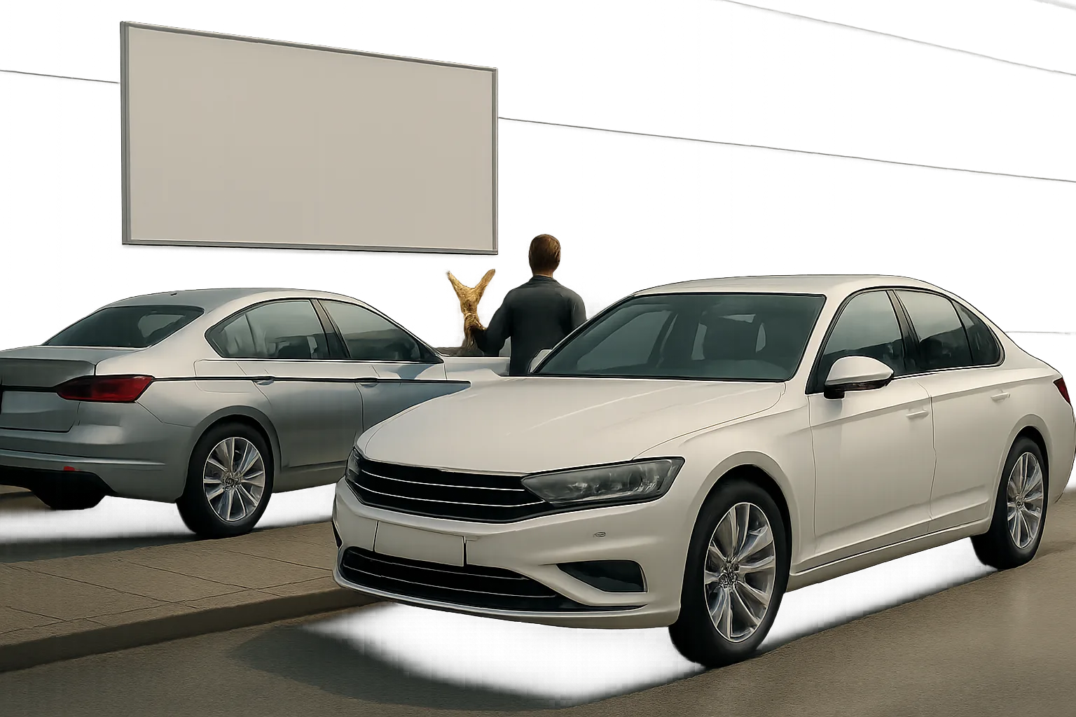 Two white sedans parked by a modern building as a person holds a gold eagle statue facing a blank sign