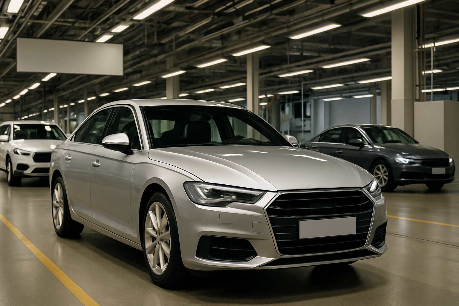 Silver sedan parked indoors under bright industrial lighting, with two more grey cars in the background on a glossy floor