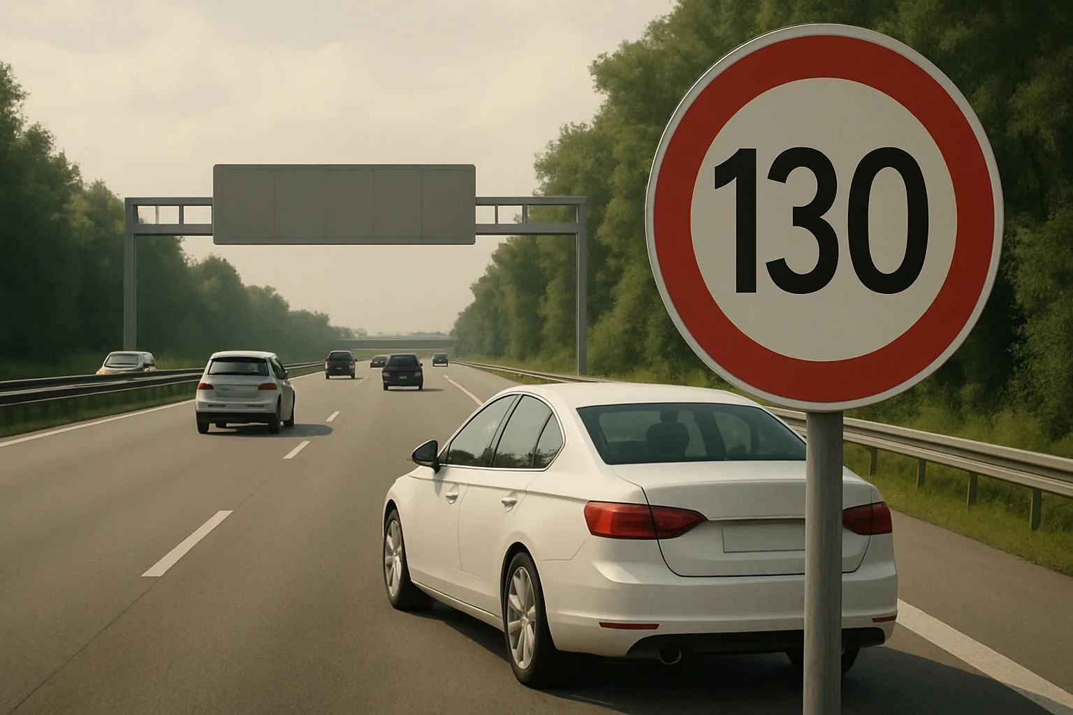 Several cars drive along a wide tree-lined motorway beneath a cloudy sky, with a prominent 130 speed limit sign in the foreground