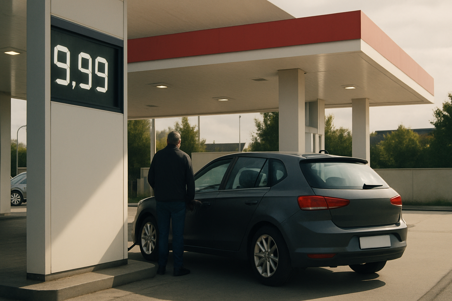 A man refuels a dark hatchback at a modern petrol station with a digital sign displaying 9,99 under overcast daylight