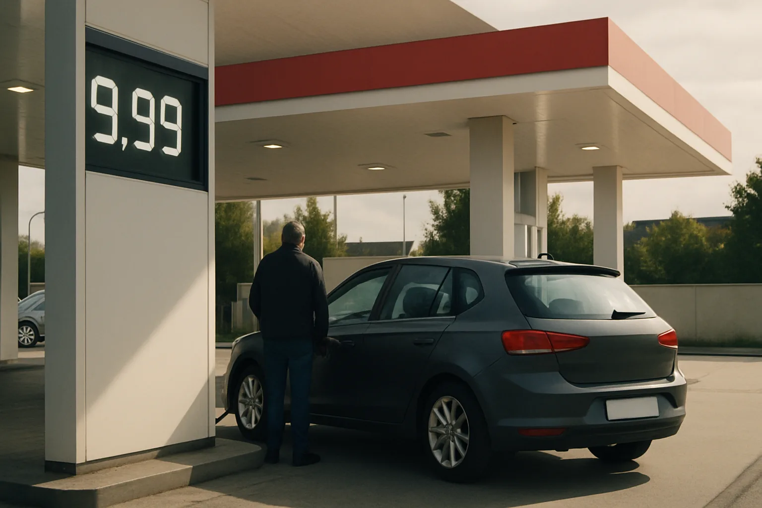 A man refuels a dark hatchback at a modern petrol station with a digital sign displaying 9,99 under overcast daylight