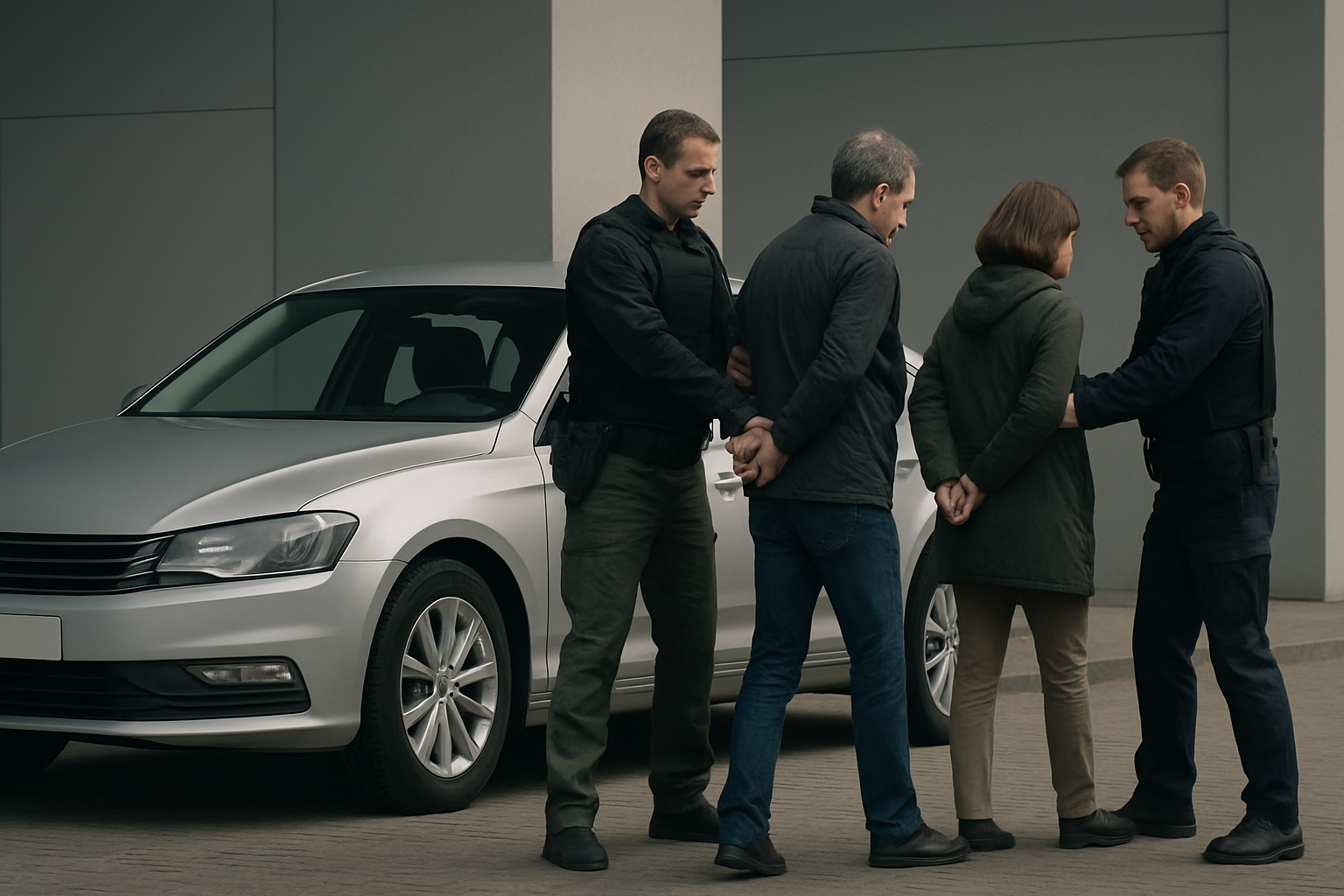 Two people in handcuffs are detained by two officers beside a silver car against a grey building façade