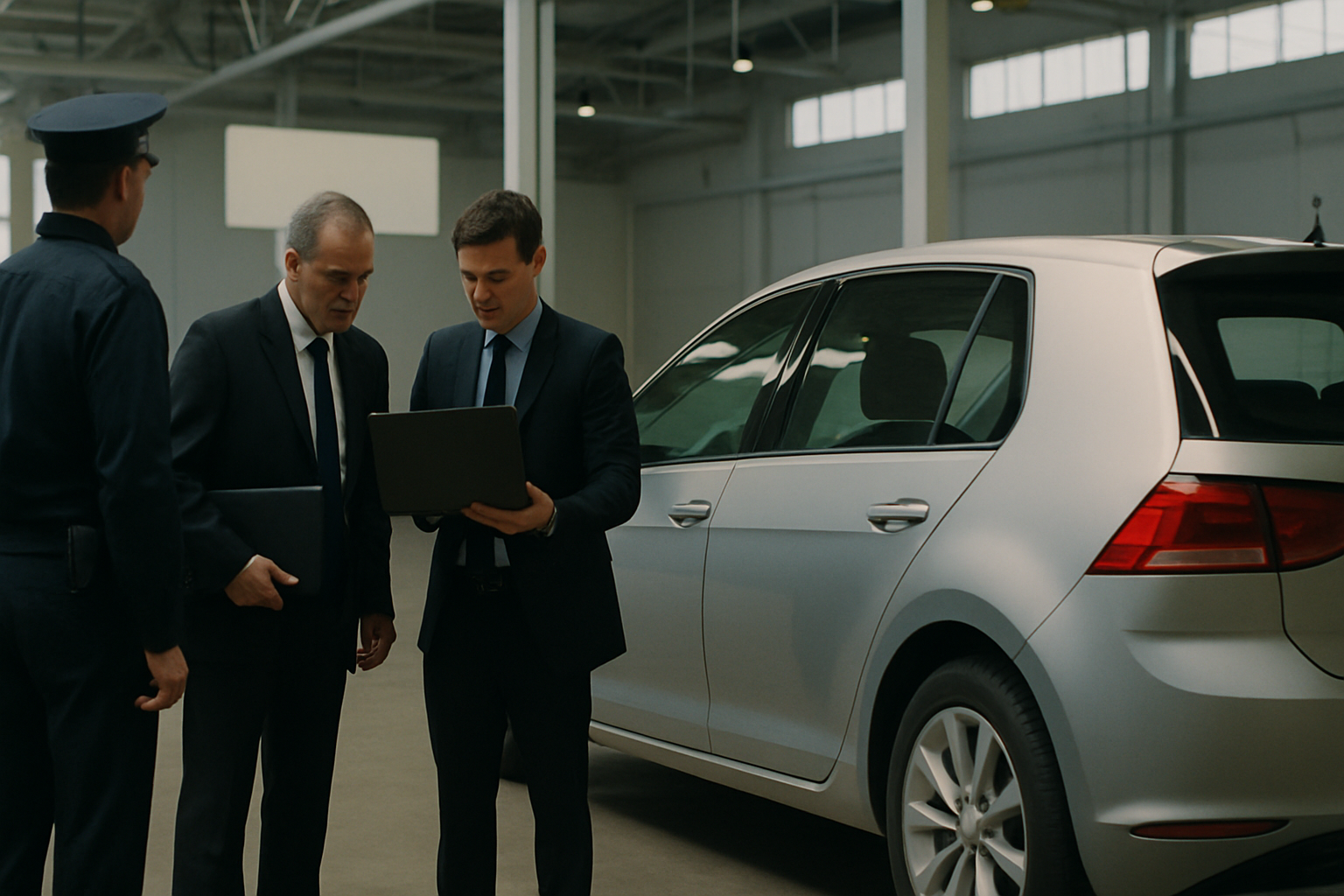 Three men in suits and a uniform stand beside a silver hatchback in a spacious, well-lit garage, examining a laptop