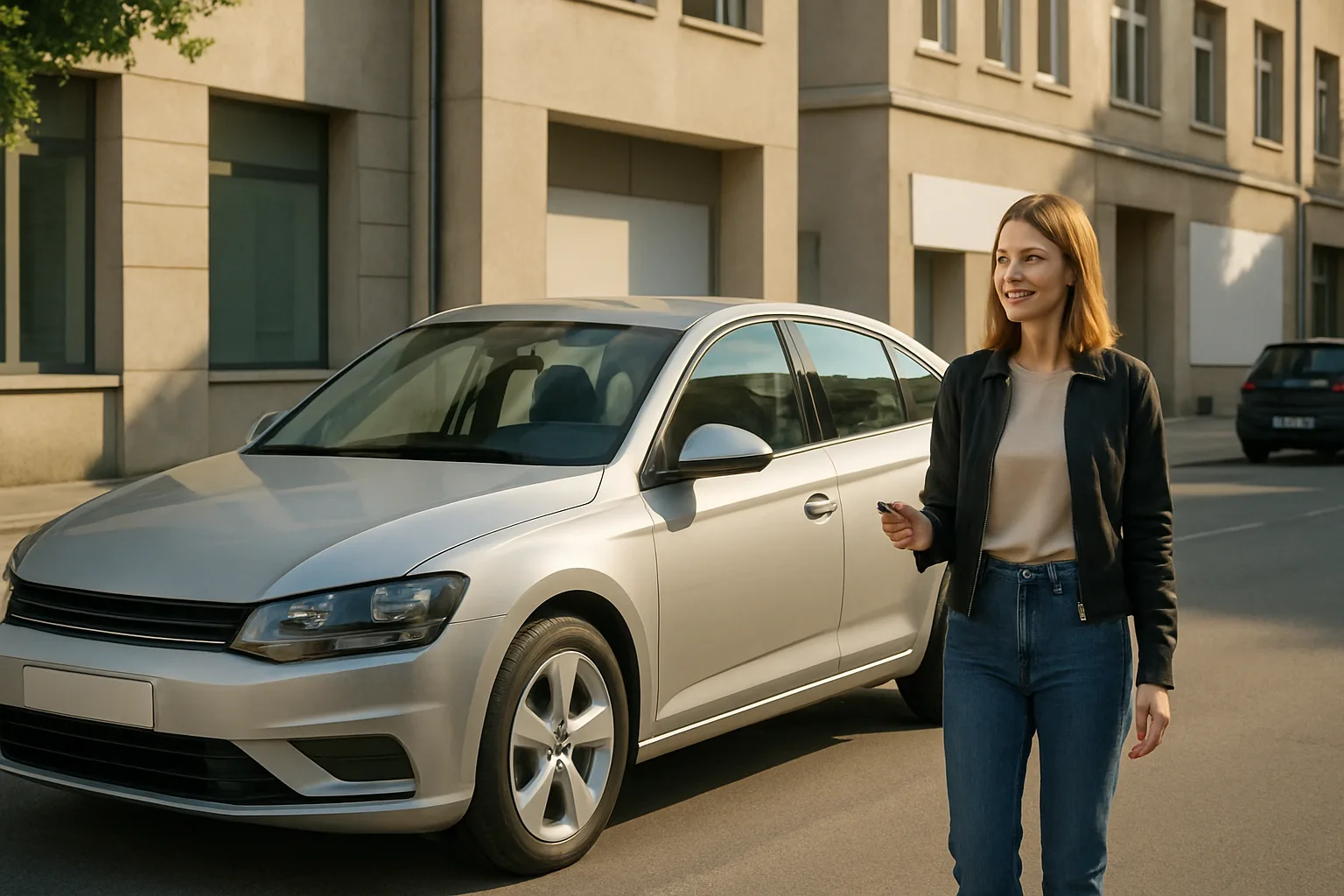A young woman in a leather jacket smiles while holding a car key, standing next to a silver car on a sunlit street