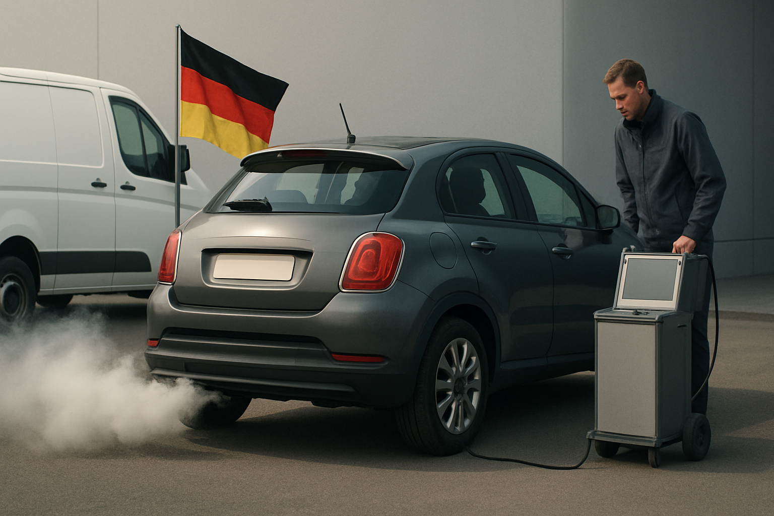 A man uses a portable testing device near the exhaust of a grey hatchback emitting white smoke, with a German flag in the background