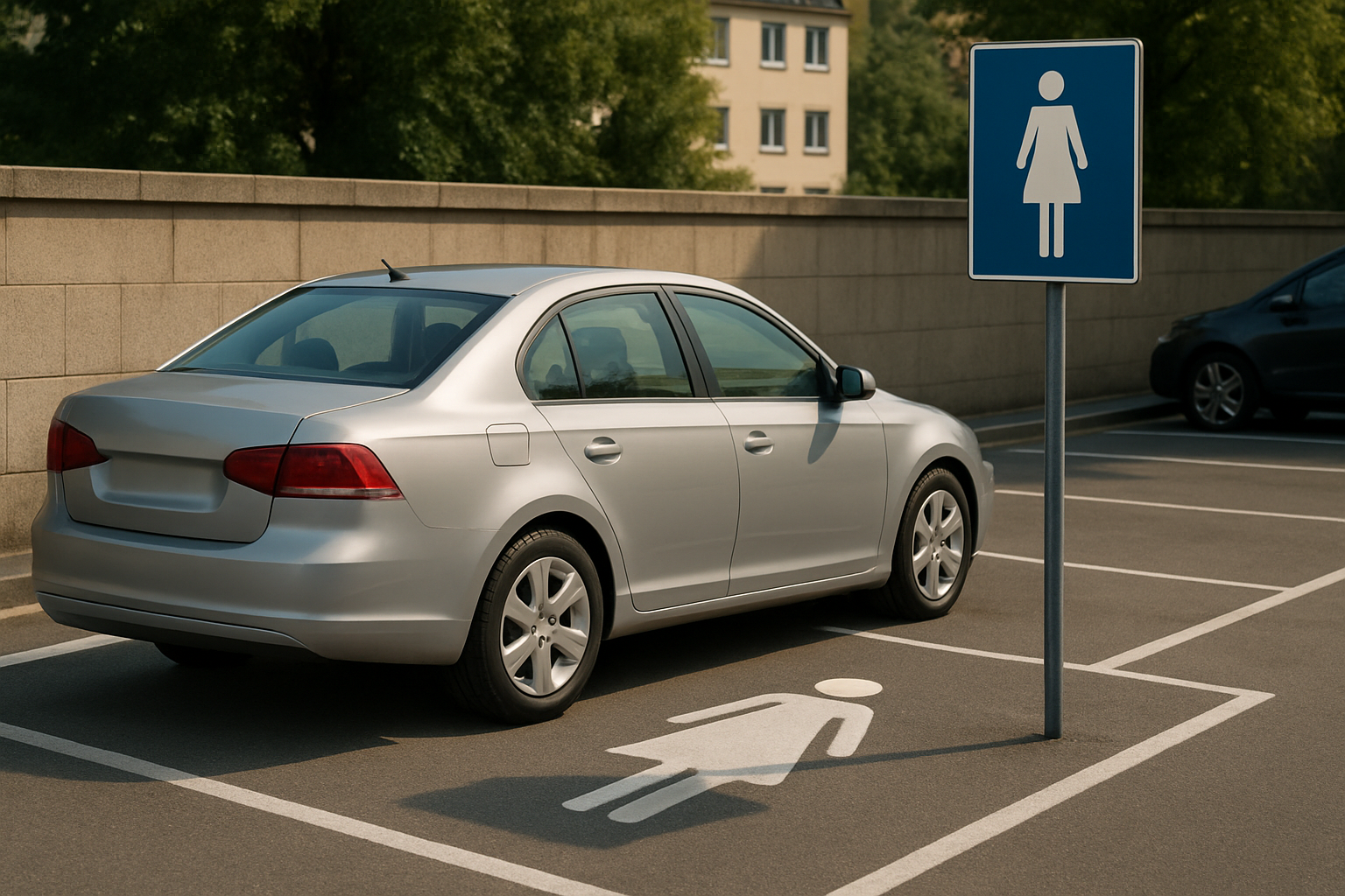 A silver sedan parked in a sunlit lot beside a blue sign and painted ground marking featuring a stylized female figure