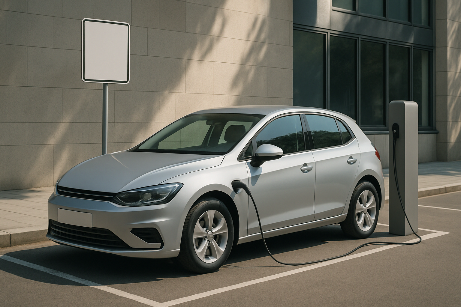 Silver hatchback parked beside a charging station in an empty parking bay, beside a modern building with blank signage