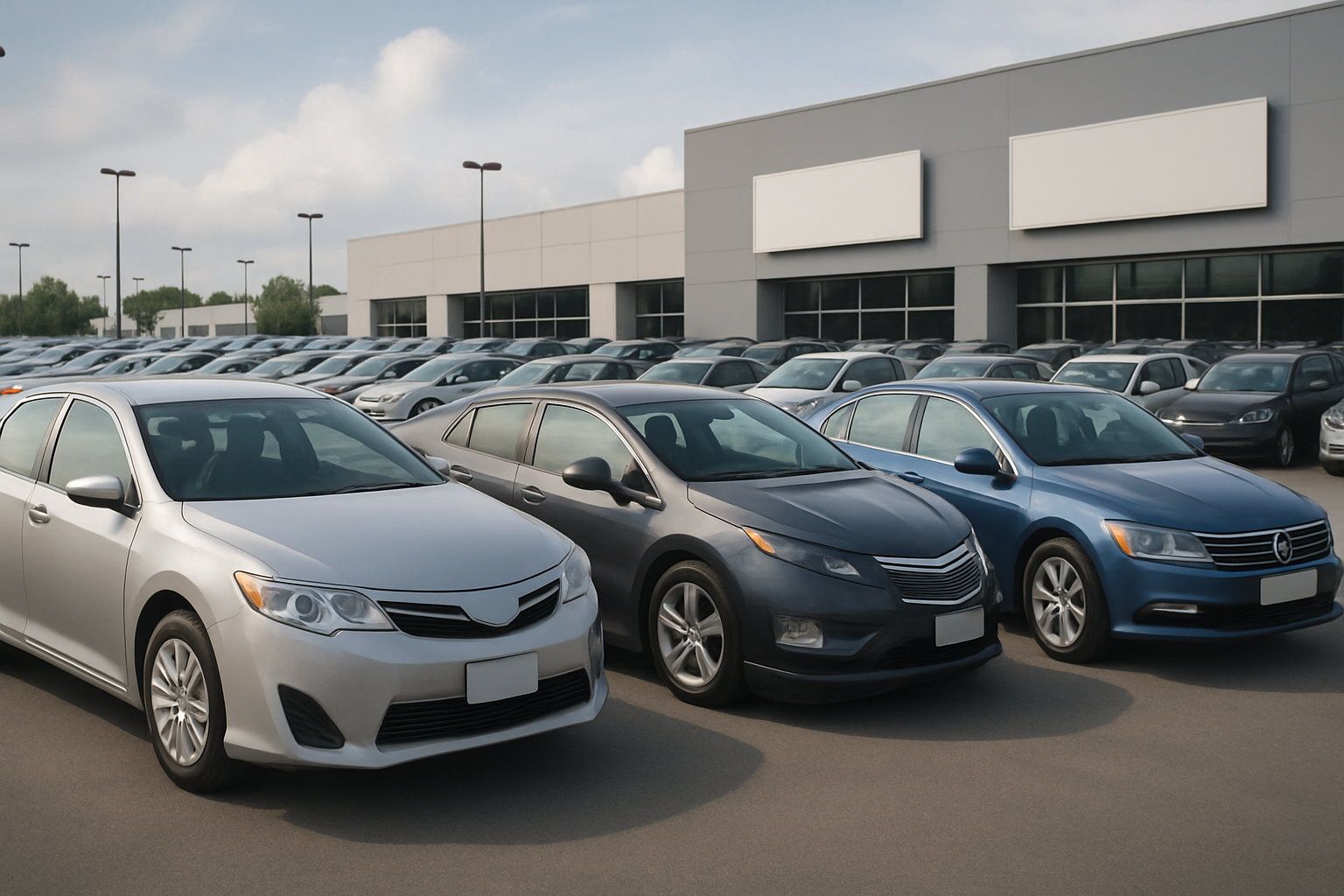 Three sleek, modern cars parked in front of a large dealership with rows of vehicles and blank signs under a partly cloudy sky