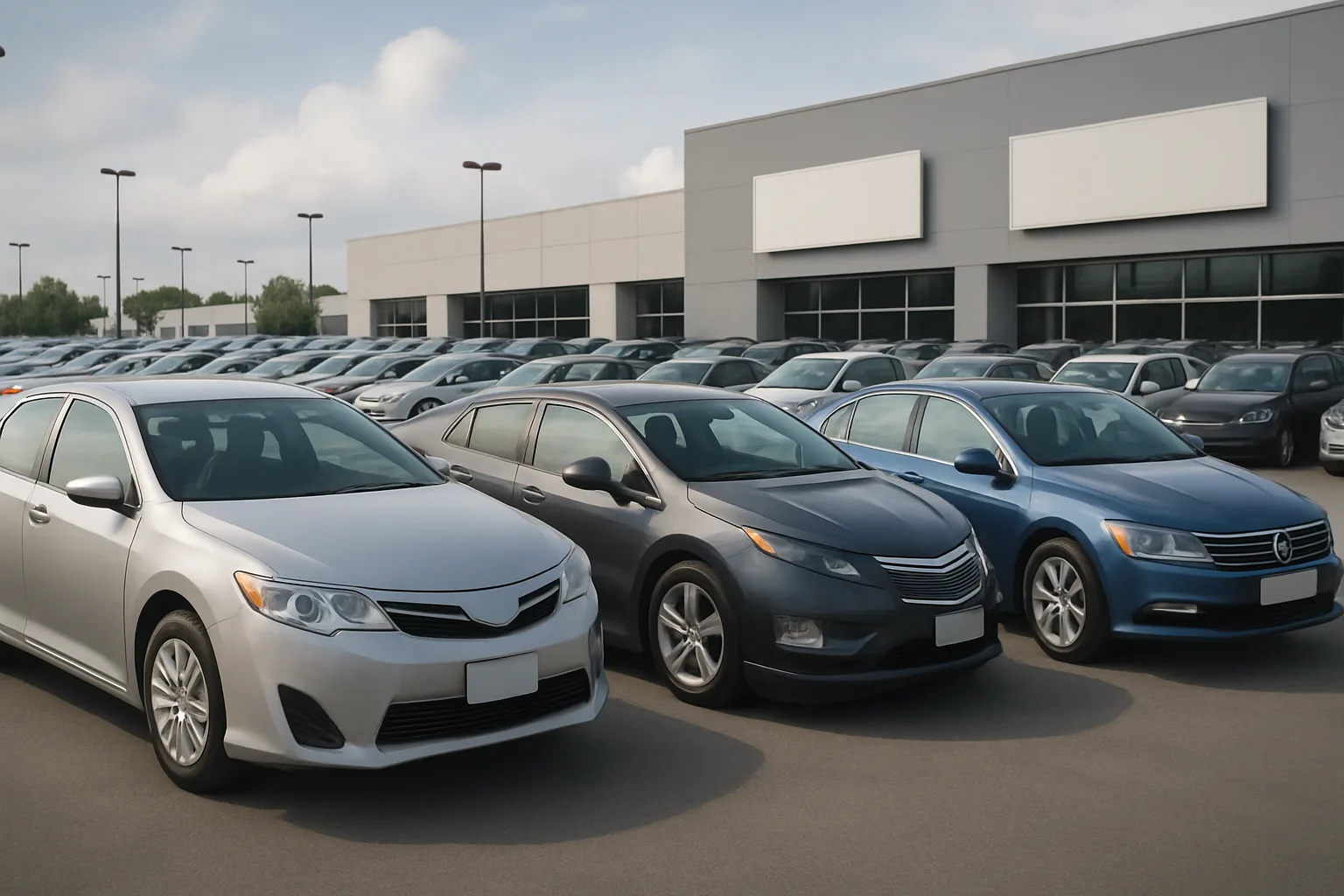 Three sleek, modern cars parked in front of a large dealership with rows of vehicles and blank signs under a partly cloudy sky