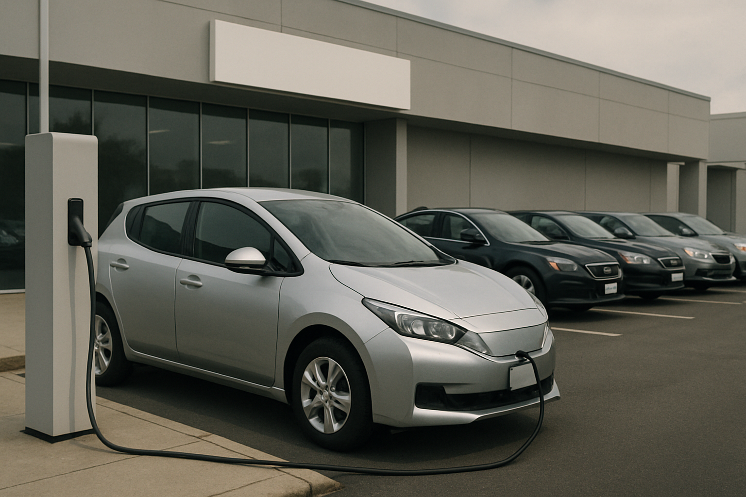 Silver car parked at a charging station in front of a modern grey building with several darker cars lined up nearby