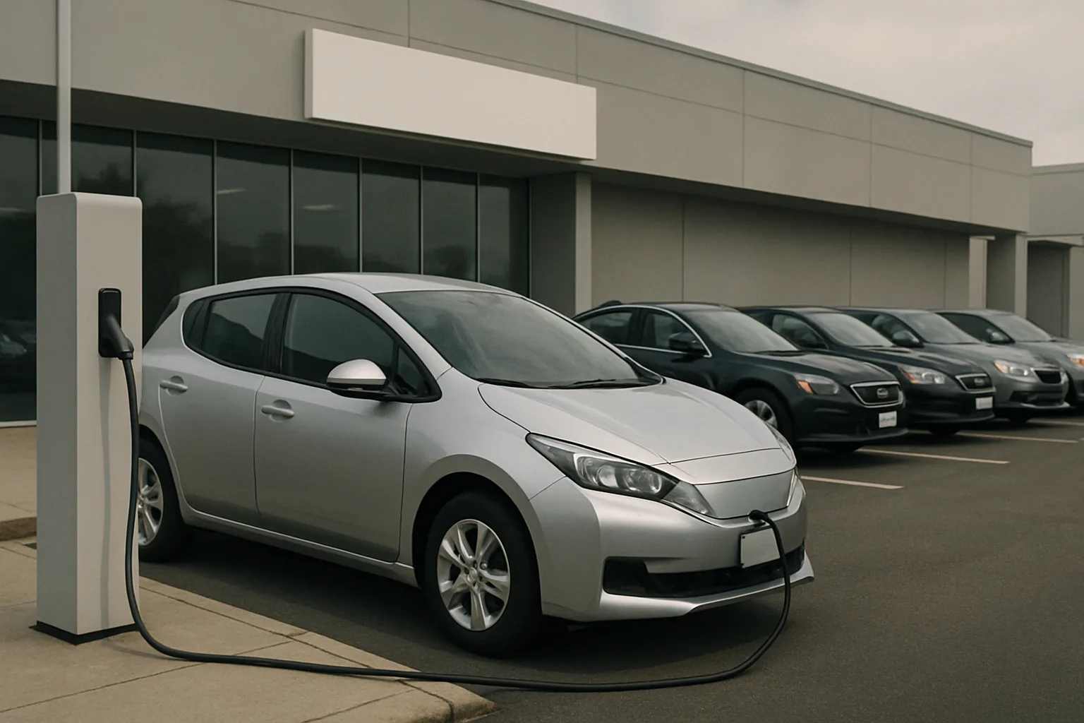Silver car parked at a charging station in front of a modern grey building with several darker cars lined up nearby