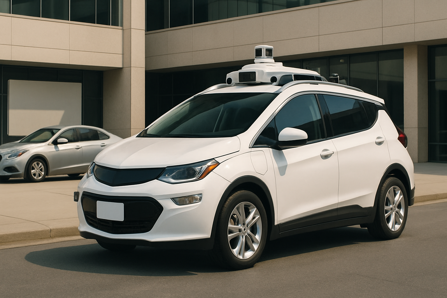 White SUV with lidar sensors and cameras on its roof parked on a city street in front of modern office buildings