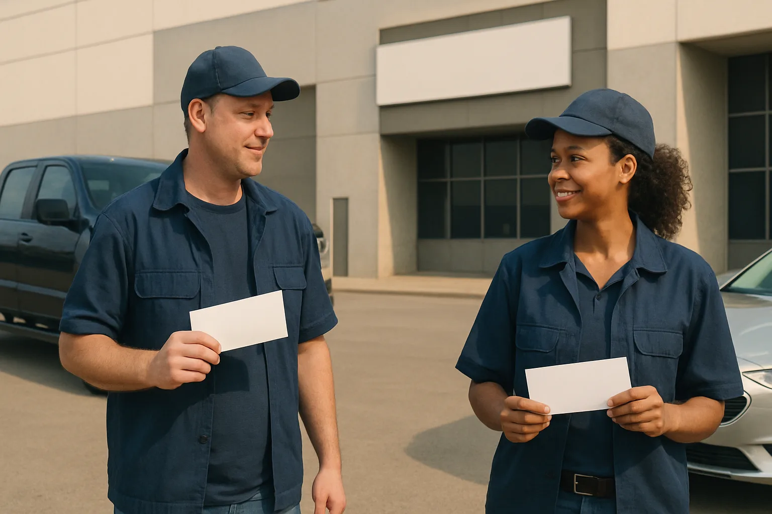 Two workers in navy uniforms and caps stand outside holding white envelopes, smiling at each other in bright daylight