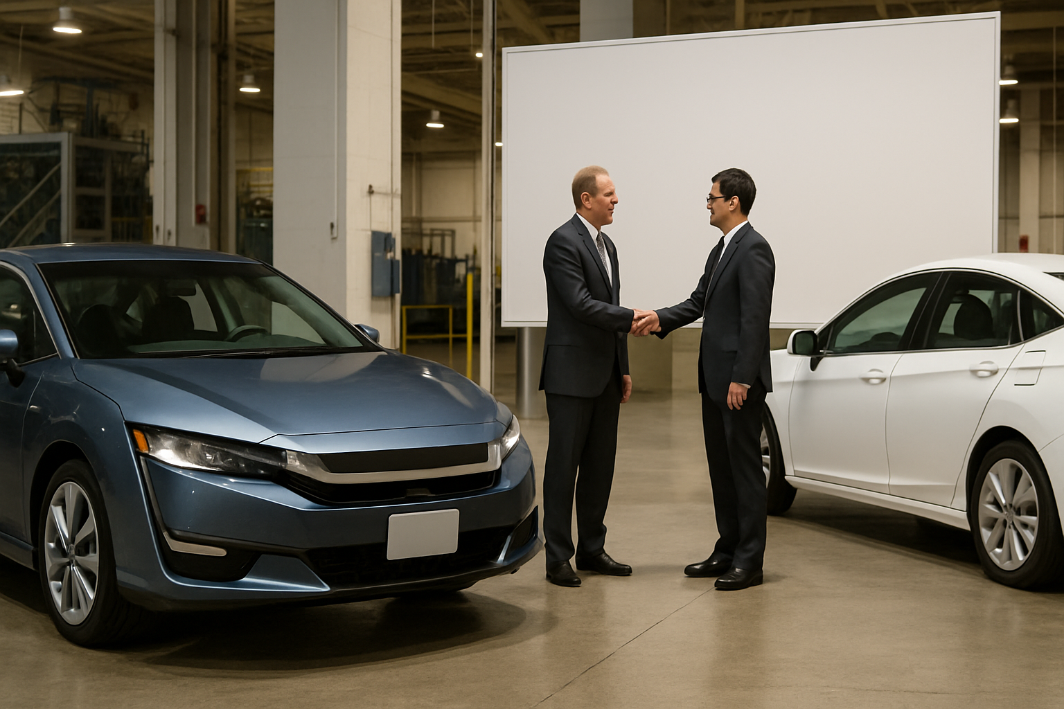 Two men in suits shake hands in an industrial indoor space flanked by a blue car and a white car