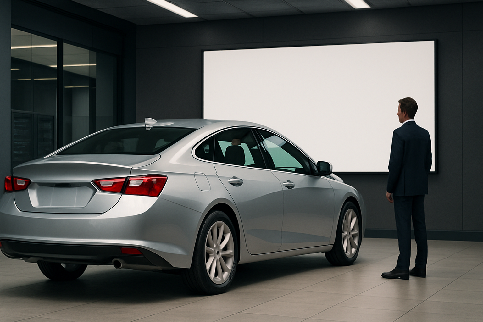 A silver sedan parked indoors on a tiled floor under bright lighting, with a man in a suit standing nearby facing a blank screen