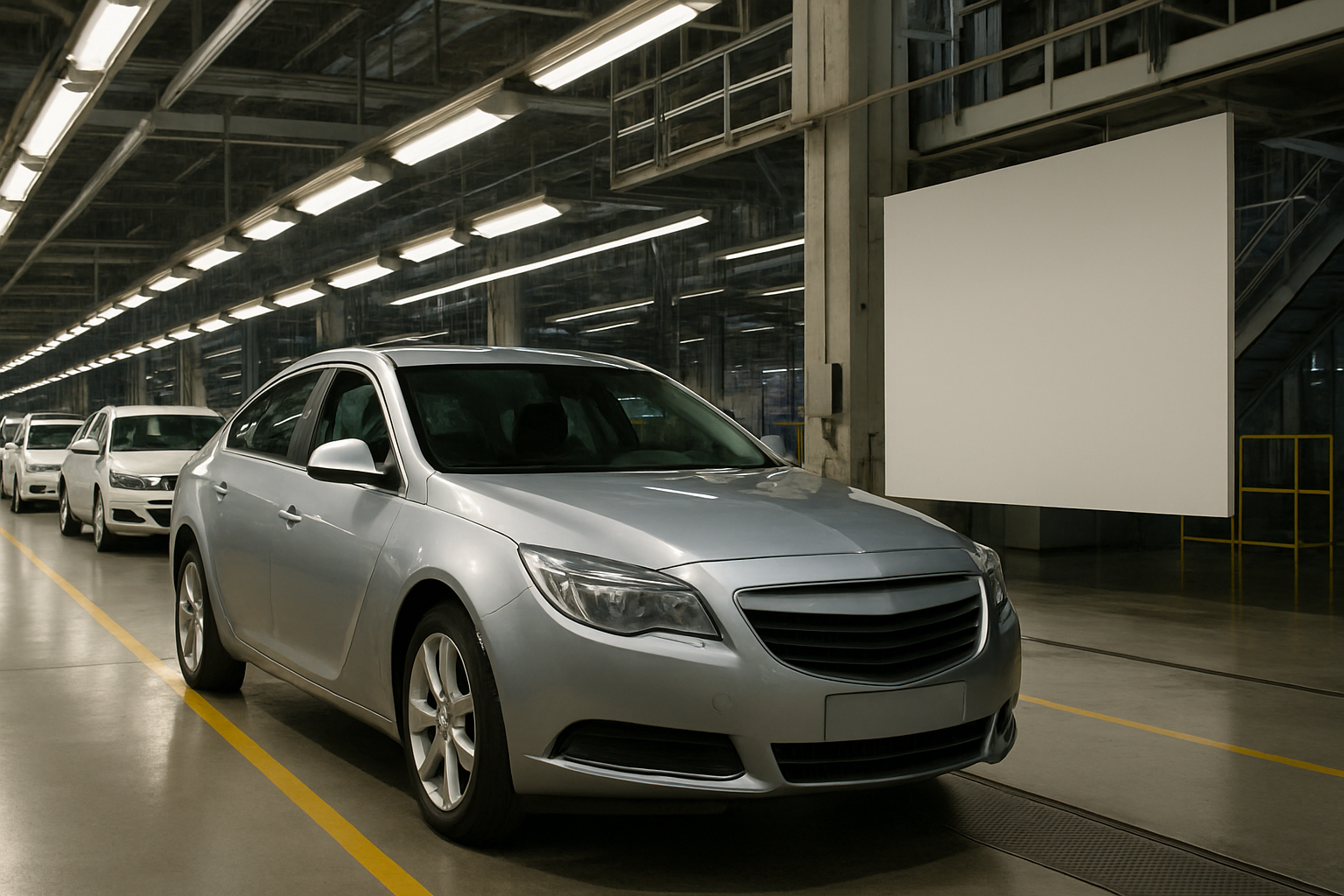 Silver sedan parked inside a spacious, brightly lit factory with white cars lined up and a large blank panel on the wall