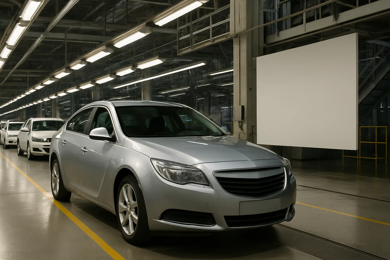 Silver sedan parked inside a spacious, brightly lit factory with white cars lined up and a large blank panel on the wall
