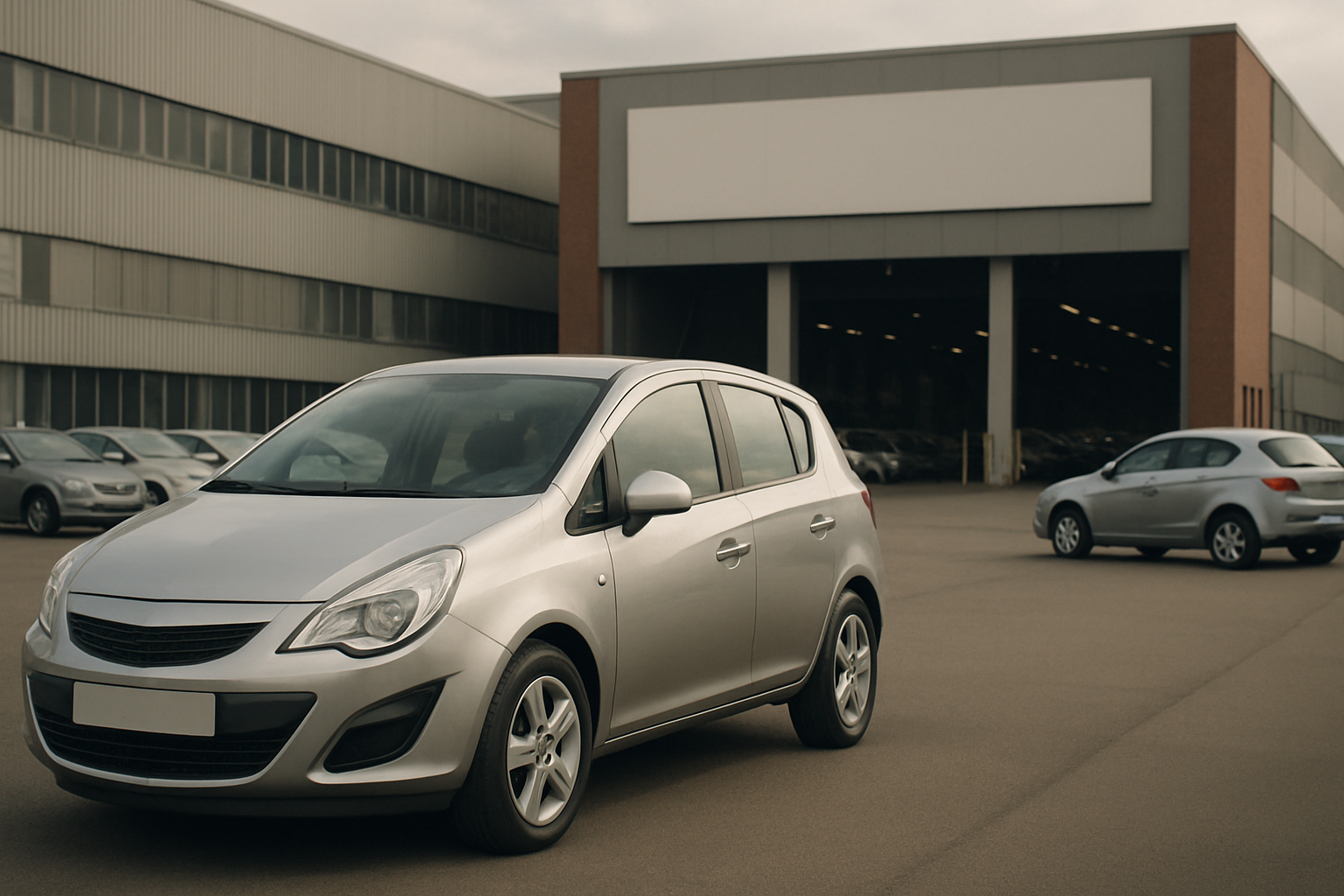 Two small silver hatchback cars parked on a wide, empty asphalt lot outside a large, windowed industrial building