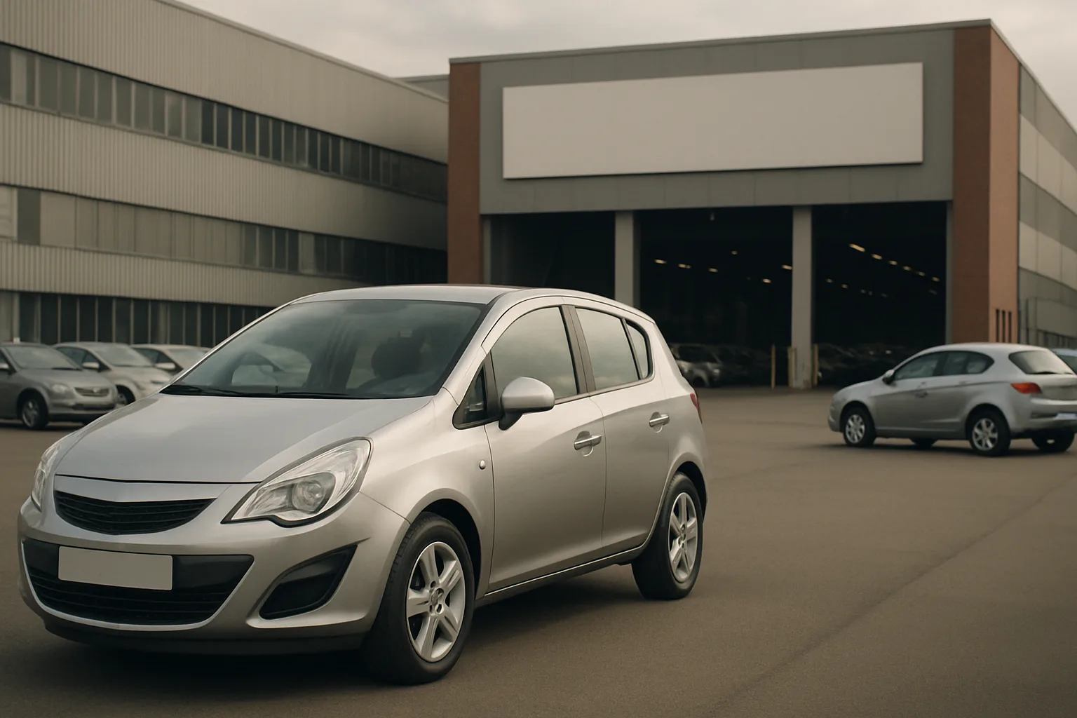 Two small silver hatchback cars parked on a wide, empty asphalt lot outside a large, windowed industrial building