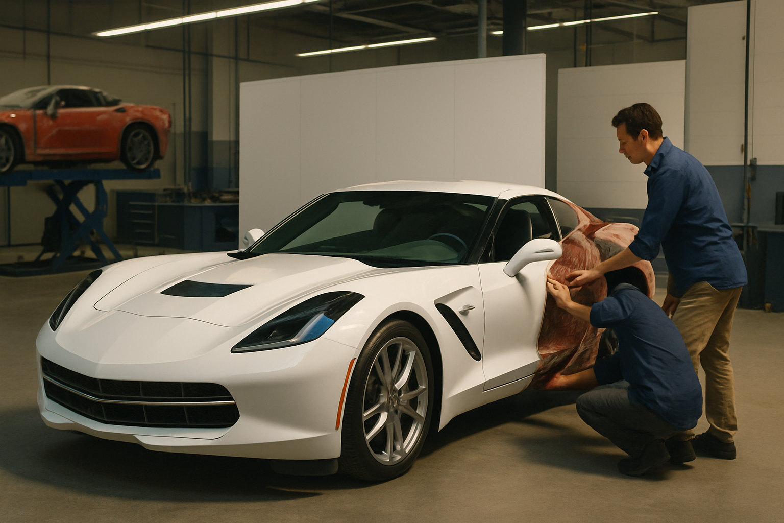 Two people in blue shirts examine a glossy white sports car with a partially unpainted, clay-textured side panel
