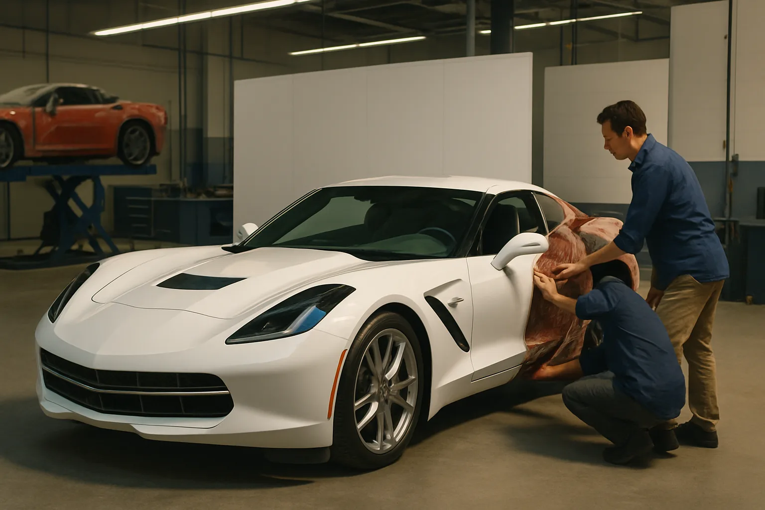 Two people in blue shirts examine a glossy white sports car with a partially unpainted, clay-textured side panel