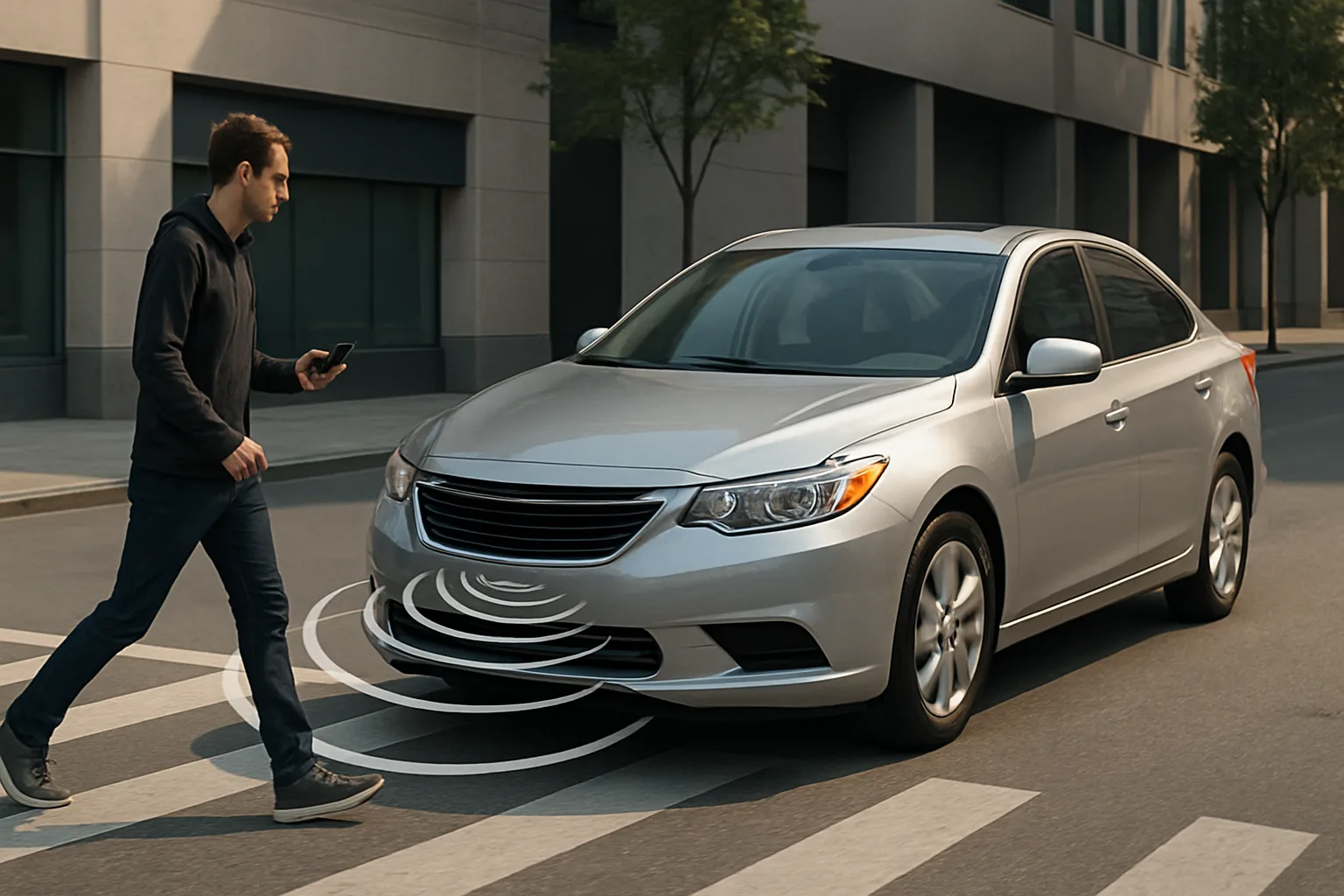 Silver car approaching a crosswalk as a man with a smartphone walks ahead, with digital waves near the front bumper
