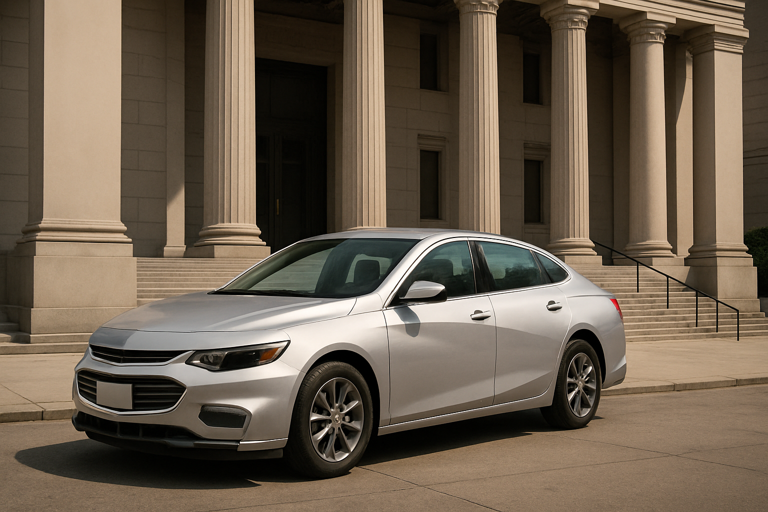 A silver sedan parked on a sunlit street in front of a grand stone building with tall columns and wide steps