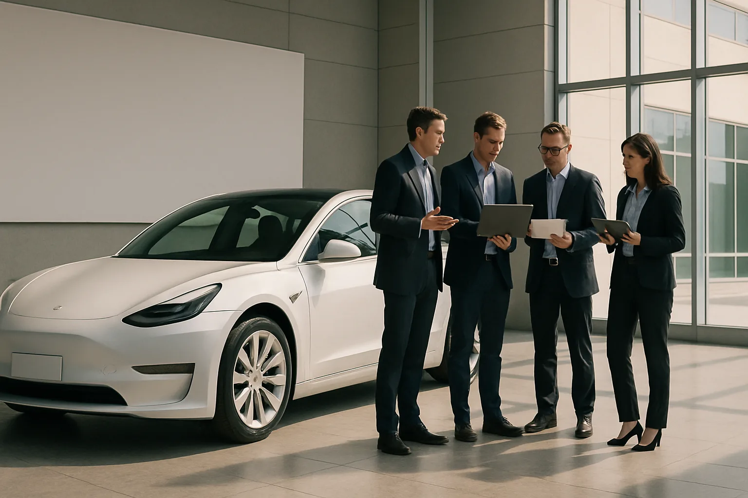 Four people in suits stand beside a white car in a sunlit modern showroom, holding laptops and tablets