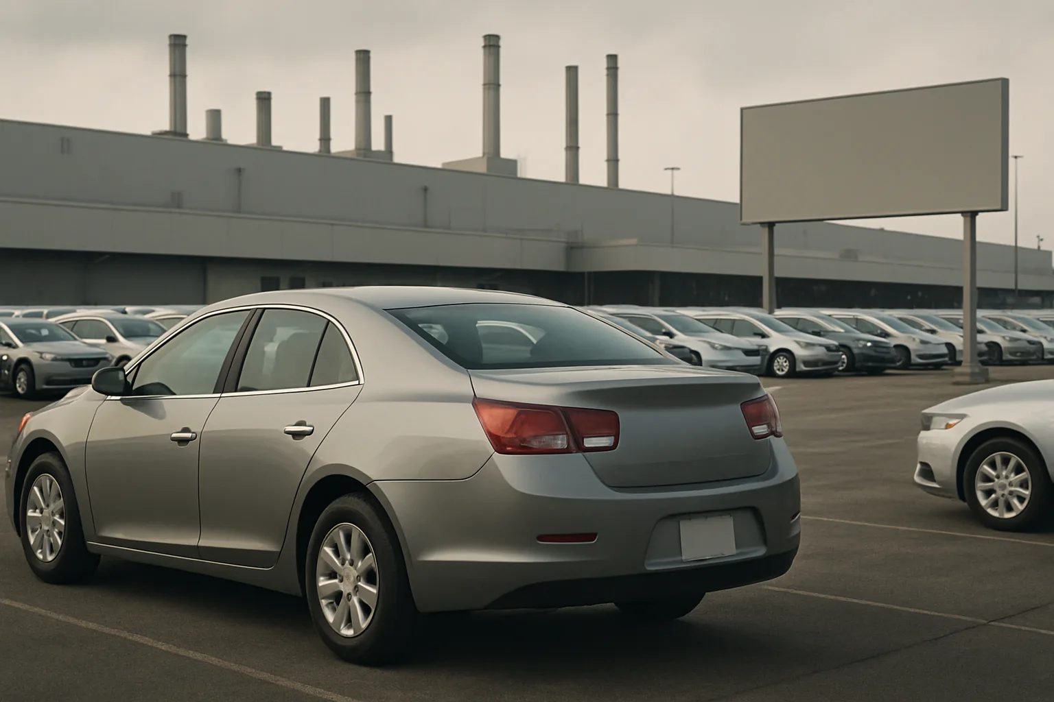 A grey sedan parked in a lot filled with similar cars, with a factory and smokestacks under an overcast sky in the background