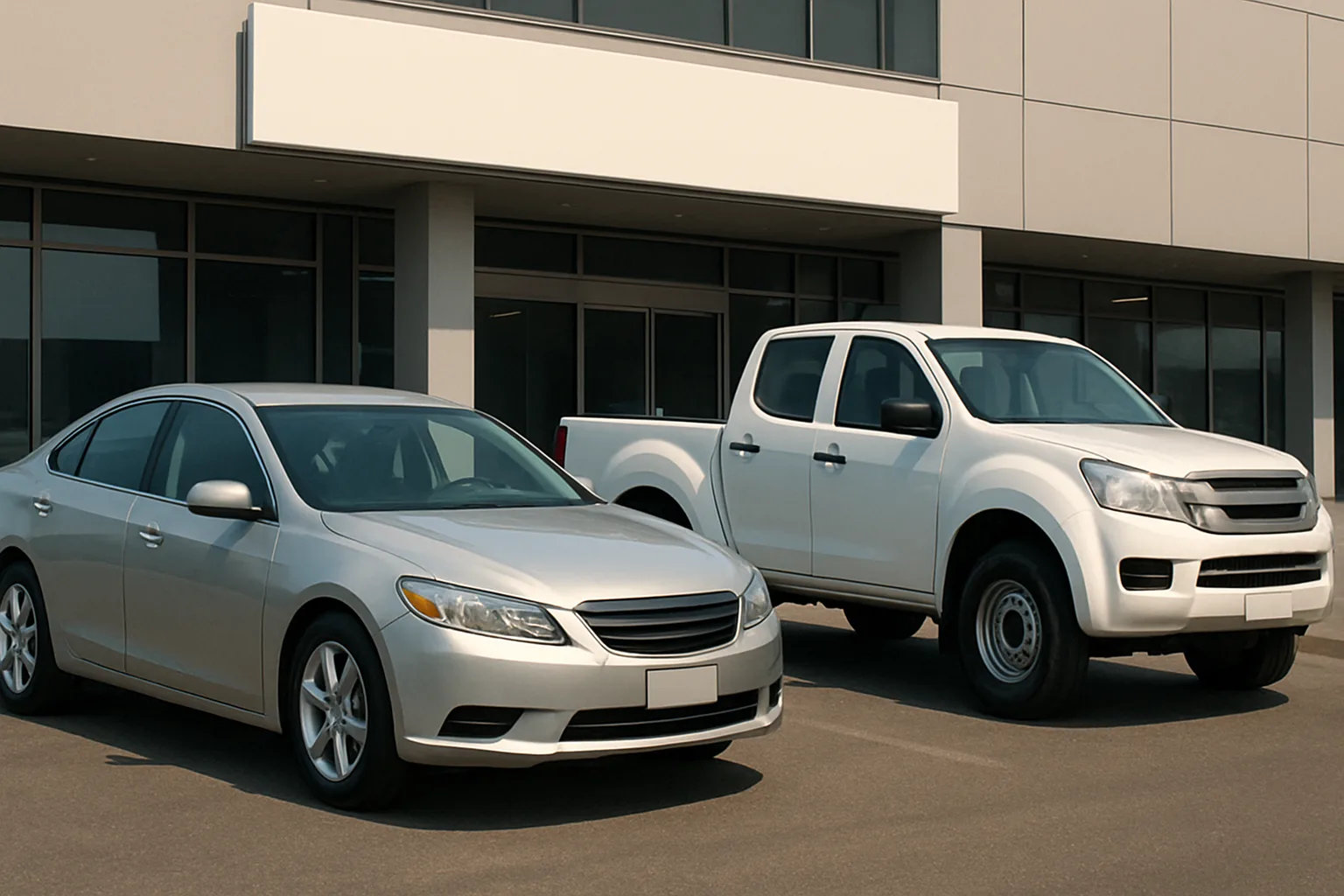 A silver sedan and a white pickup truck parked side by side in front of a modern, gray commercial building