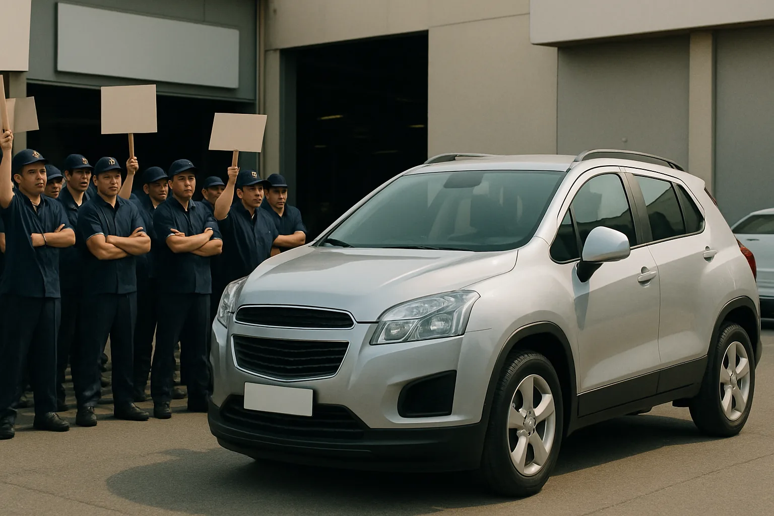 A group of workers in blue uniforms holding blank placards stands beside a silver SUV parked outside a beige building