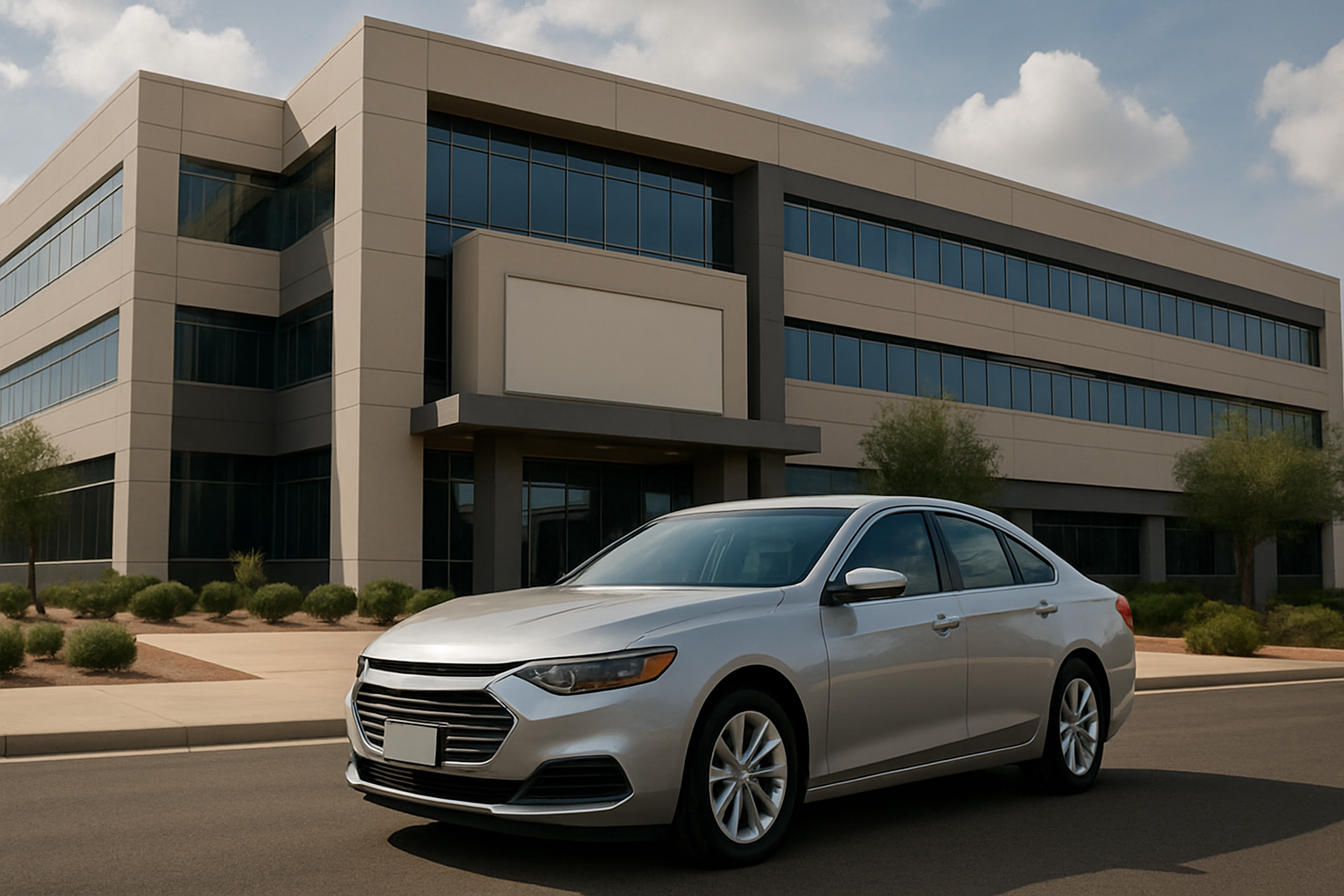 A sleek silver sedan parked on an empty road in front of a modern, glass-fronted office building under a partly cloudy sky